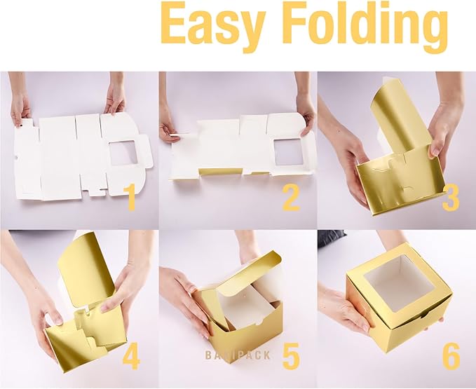 25 Gold Bakery Boxes with Window 5x5x3.5 Inches, Dessert Boxes to Go with Window, Treat Boxes for Small Bakery, Dessert, Candy, Cookies, Pastry, Party Favors, Wedding Cake