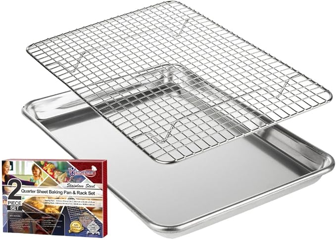KITCHENATICS Small Baking Pan with Wire Rack Even Heat Cooking Combo | Aluminum tray and stainless steel rack combo used together or apart for baking, cooling or roasting