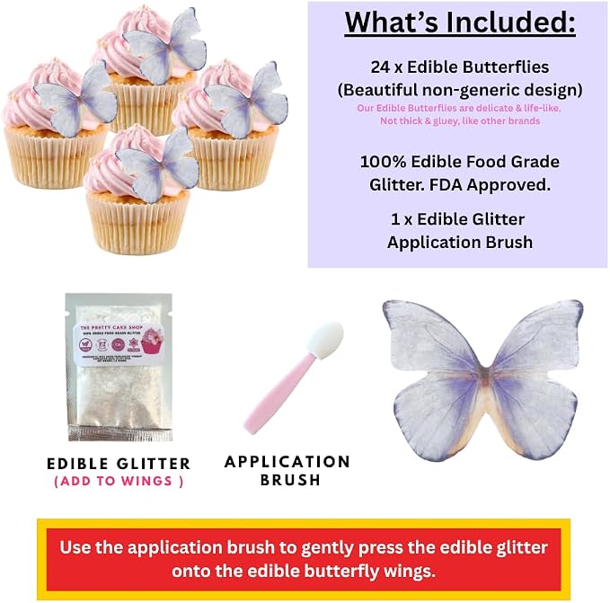 Edible Butterflies with Edible Glitter Kit - Wafer Paper Butterflies for Cakes - Cake Decorations - Cupcake Decorations - Cake Toppers (Lavender)