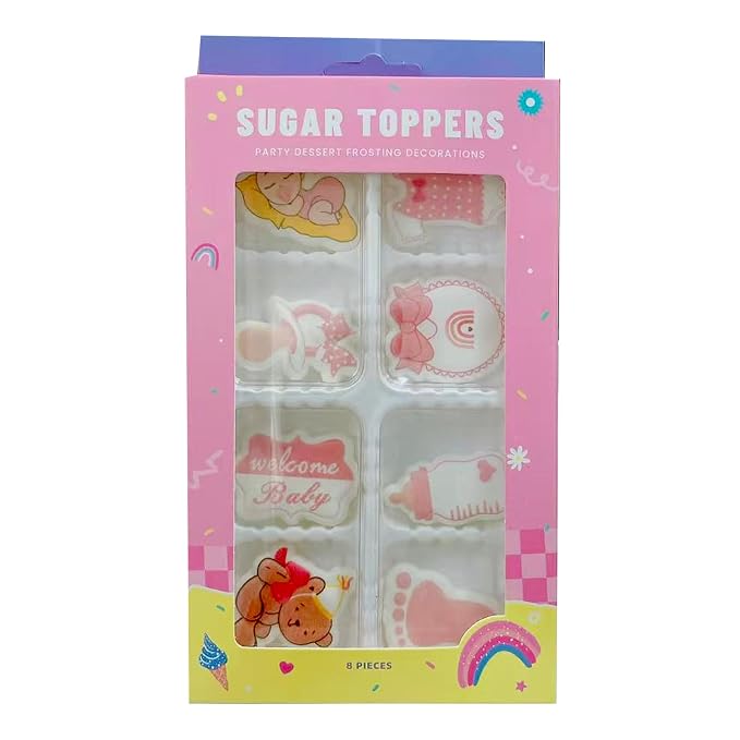 8 PCS Edible Pink Baby Girl Icing Cake Decoration Baby Showers Themed Candy Sprinkle Cupcake Topper Ice Cream Cookies Frosting Decoration