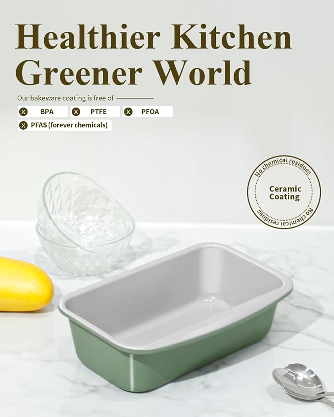 Non-Stick Bread Loaf Pan, 9x5 Inch, Ceramic Coating, Aluminized Steel, Oven Safe to 550°F, Dishwasher Safe - Non-Toxic, PTFE & PFOA Free, Pistachio Green