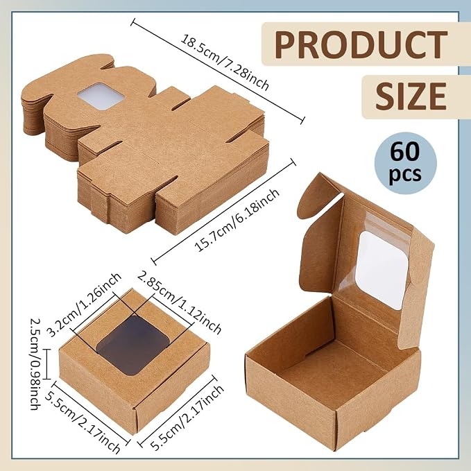BENECREAT 60 Pack Square Clear Window Box, Brown Kraft Paper Container Party Favor Packaging Boxes, 2x2x1inch Foldable Design with Visible PVC Window for Wedding Treats & Crafts