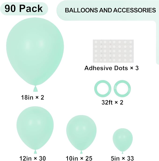Voircoloria 90pack Mint Green Balloons Different Size 18/12/10/5 Inch Pastel Green Balloon Garland Arch Kit for Baby Shower,Graduation, Wedding, Birthday, Gender Reveal, New Year Decorations