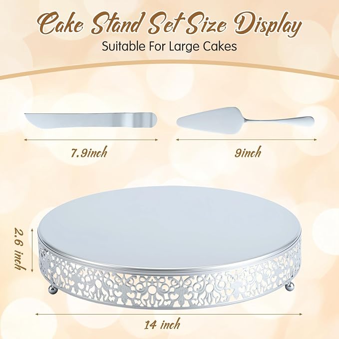 Wenqik 14 Inch Silver Cake Stand Set Metal Round Cupcake Dessert Stand with Cake Cutting, Spatula Wedding Cupcake Pastry Display Candy Holder Display for Wedding Party Birthday Baby Shower(Classic)