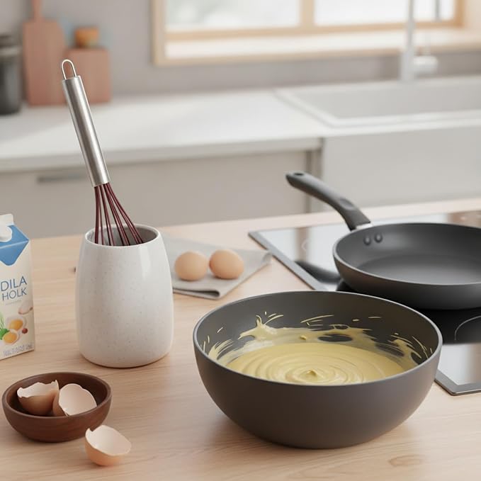 Silicone Egg Whisk with Stainless Steel Core, Coated Wires for Mixing Eggs and Batters in Non-Stick Cookware (1 PC)