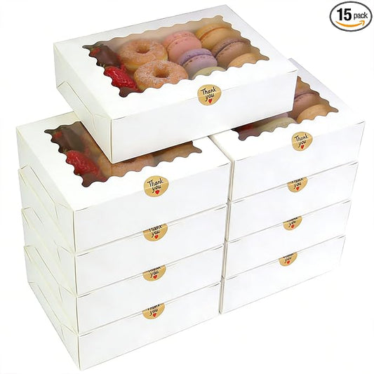 15pcs Cookie Boxes 12x8x2.5 Inches White Bakery Box with Window,Professional Pastry and Macaron, Packaging Container, Display Gift Box (15, WHITE, 12 * 8 * 2.5inch)