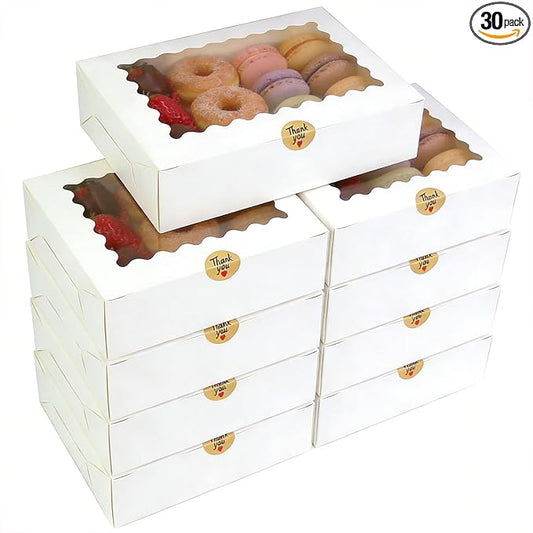 30pcs Cookie Boxes 12x8x2.5 Inches White Bakery Box with Window,Professional Pastry and Macaron, Packaging Container, Display Gift Box (30, WHITE, 12 * 8 * 2.5)