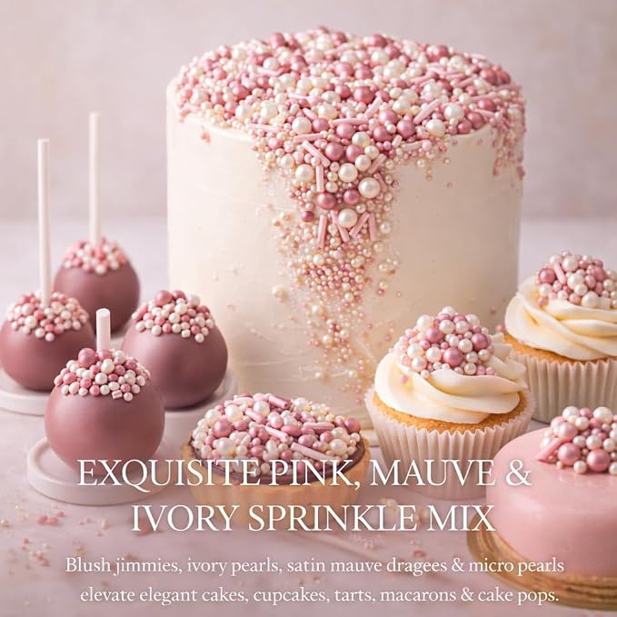 Confect Pink Mauve & Ivory Sprinkle Mix – Bake Stable Non Bleeding Edible Pearls & Metallic Dragees for Cake Decorating, Cupcakes, Cookies & Desserts- 4.2 Oz
