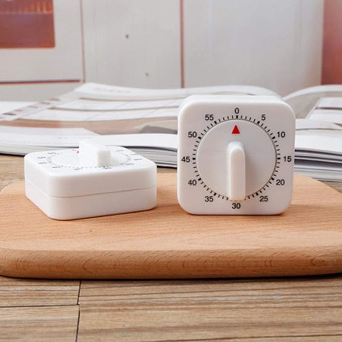 White Timer, 60 Minutes Kitchen Cook Square Timer Mechanical Countdown Alarm Clock Reminder, Thermometers and Timers