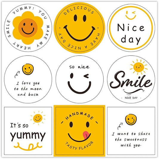Smile Face Stickers, 180pcs Happy Face Labels 2inch Round Square Cute Handmade Sweetness Stickers for Bakery Packaging Gift Bags Envelopes Cookie Boxes Thank You Notes
