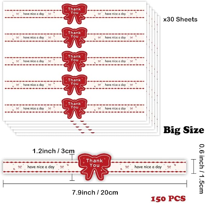 7.9” x 0.6” Long Thank You Stickers 150 Pcs Cute Large Red Bow Have A Nice Day Self-Adhesive Sealing Baking Labels Handmade Food Tamper-Proof Bakery Sticker for Baked Goods Small Busines Packaging