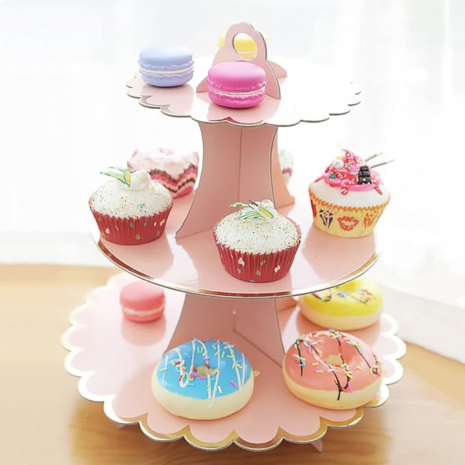 2 PACK Cardboard Cake Stand, 3 Tier Paper Dessert Round Cupcake Holder Tower Disposable Pastry Stand for Birthday, Afternoon Tea,Wedding Party Anniversary Christening Fruit Desserts Display…