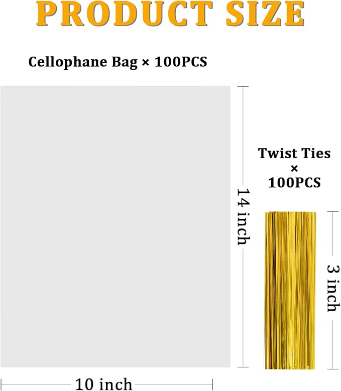CUDICY 100pcs Cellophane Bags 10x14 Cellophane Wrap Goodie Bags Large Clear Gift Bag Party Favors Bag Clear Treat Bag with Ties Plastic Gift Wraps Packaging Wraps for Cookie Candy (No Gusset)