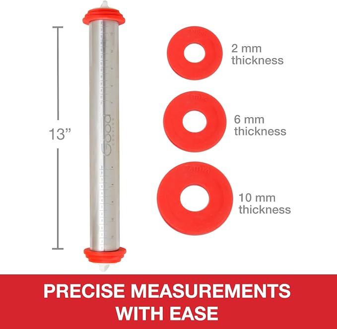Good Cooking Adjustable XL Rolling Pin with 3 Spacer Rings, 17 Inch Stainless Steel Nonstick French Pastry Roller for Dough, Cookies, Pie Crust, Pizza, Fondant, Baking and Kitchen Prep
