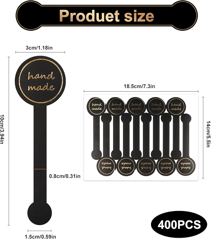 400Pcs Handmade Food Baking Seal Stickers Labels,Black Long Label Bakery Stickers with Gold Foil,Self-Adhesive Goods Bakery Sticker Sealing Tamper-Proof Sticker for Pastry Bags Lollipops Candy Cake