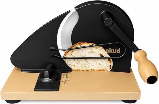 Manual Bread Slicer for Homemade Sourdough – Hand Crank Rotary Slicer | 0–0.8″ Adjustable Thickness, Stainless Steel Serrated Blade, Non-Slip Suction Cups, and Aluminum Alloy Frame