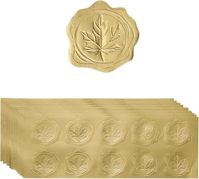 300 Pieces Embossed Gold Foil Stickers, Gold Maple Leaves | For Envelopes, Wedding Invitations, Christmas Greeting Cards