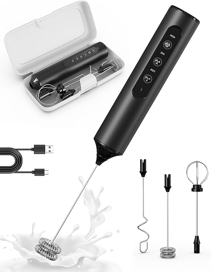 3-Speed Rechargeable Milk Frother with Storage Box, Dual Coil Whisk Coffee Frother Handheld - Portable Hand Frother Wand for Coffee Matcha Cappuccino & Hot Chocolate, Kitchen Gift Set