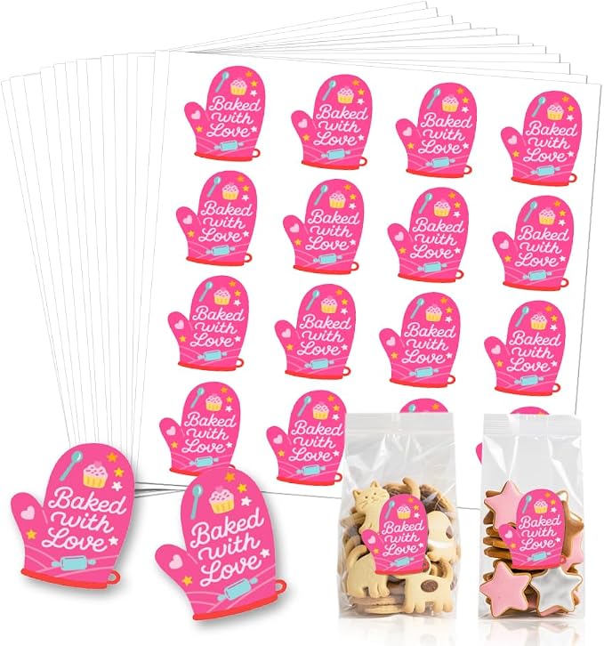 320 Pcs Baked with Love Stickers, Homemade Bakery Stickers Made with Love Sticker Self-Adhesive Gloves Labels for Packaging Bags Containers Businesses Gifts, 2 Inch