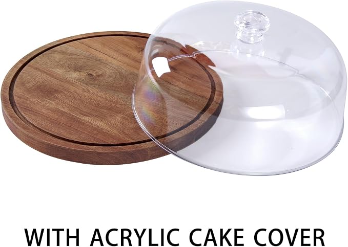 LiTY Cake Stand with Lid, Acacia Wood 12in Round Cake Holder, 2-in-1 Dessert Table Display Set & Charcuterie Board for Cheese, Chips & Dips, Nachos, Fruit Platter, Large Acrylic Cake Dome Cover