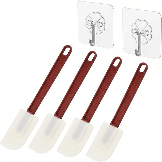 4 Pack Silicone Spatula Set with 2 Hooks, Long Handle Kitchen Scrapers