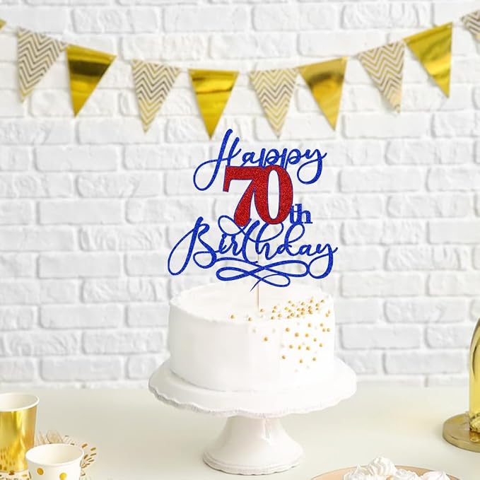 Happy 70th Birthday Cake Topper,Deep blue font red Numbers 70th Birthday Cake Decoration,Hello 70, Cheers to 70 Years/70th Anniversary,70& Fabulous Party Decoration