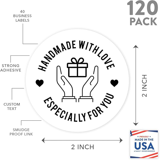 Andaz Press Round Small Business Sticker Labels, 120-Pack, Gift Handmade with Love, Especially for You, Present Handmade Stickers for Packaging, Product Labels for Small Business