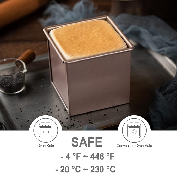 CHEFMADE Mini Pullman Loaf Pan with Lid, 0.55Lb Dough Capacity Non-Stick Rectangle Flat Toast Box for Oven Baking 4" x 4"x 3.9"(Champagne Gold)