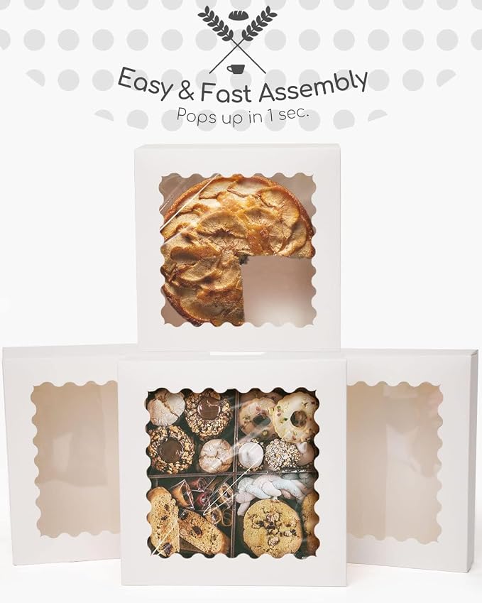 qiqee Auto-pop Up 30pcs Pie Box With Window 9x9x2.5 Inch Donut Pastry Boxes White Bakery Box