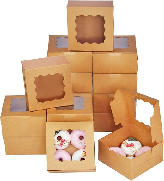 Bakepacker 60pcs Kraft Cookie Boxes 6x6x3 inches Easy Assemble Macaroon Pastry Boxes Bakery Boxes with Window for Bakery