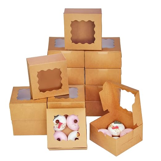 Bakepacker 100pcs Brown Cookie Boxes 6x6x3 inches Easy Assemble Macaroon Pastry Boxes Bakery Boxes with Window for Bakery