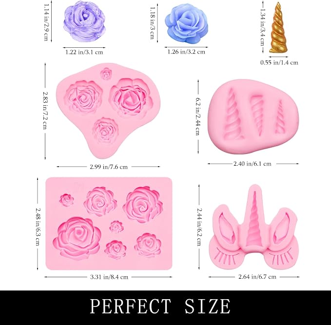 Unicorn Fondant Molds Rose Flowers Silicone Mould for Cake Decoration Chocolate Unicorn Horn Design Cupcake Toppers Clay, Set of 4