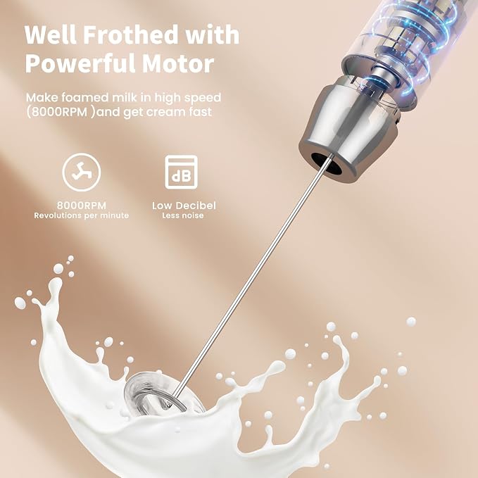 Maestri House Rechargeable Milk Frother with Stand, LunaFro Handheld Electric Foam Maker Waterproof Detachable Stainless Steel Whisk Drink Mixer Foamer for Lattes, Cappuccino