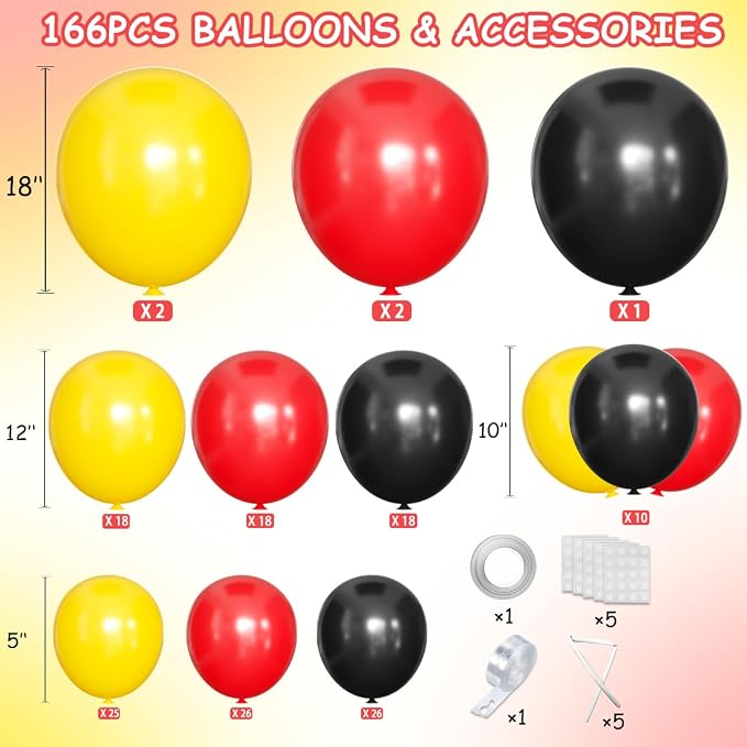 MEBAY Red Black Yellow Balloon Arch Kit, 166Pcs Latex Balloon Different Sizes 18 12 10 5 inch for Boy Birthday Baby Shower Wedding Race Car Theme Party Decorations