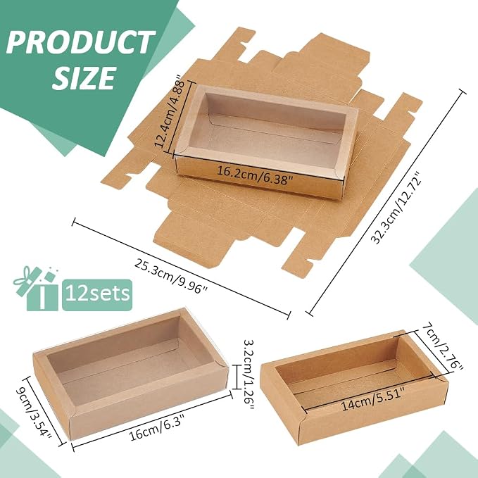 NBEADS 12 Pcs Rectangle Drawer Kraft Boxes, 6.3x3.54x1.26 Inch Gift Packaging Case Foldable Paper Drawer Boxes with Clear Plastic Cover for Party Favor Treats Candy and Jewelry Crafts, Burlywood