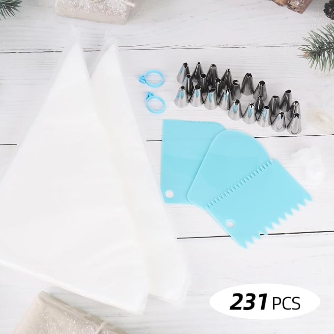 231 Pcs Piping Bags and Tips Set, 12 Inch 200 Piping Bags Disposable Pastry Bag, Cake Decorating Kit with 24 Tips, 3 Scrapers, 3 Couplers