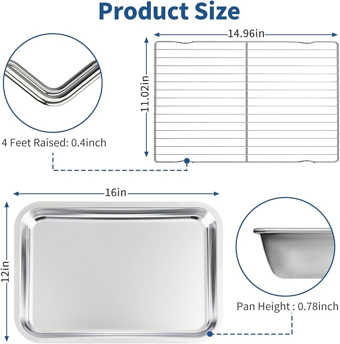 Baking Sheet with Rack Set of 4 (2 Pans + 2 Racks), 16 x 12 x 1 Inch Stainless Steel Cookie Pan with Cooling Rack, Non Toxic & Dishwasher Safe & Easy Clean for Baking, Cooling, Meats, Veggies
