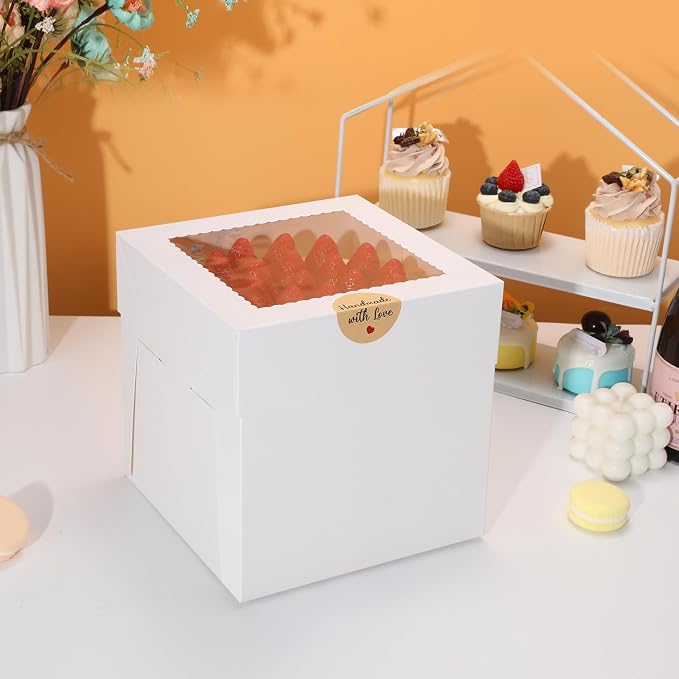 COTOPHER 15Pcs 8x8x8 Inches Cake Boxes, Square Bakery Boxes with Window, Cajas Pasteles for Valentine's Day, Mother's Day,Wedding, Birthday, Party Cake Decorating Supplies for Gift Giving