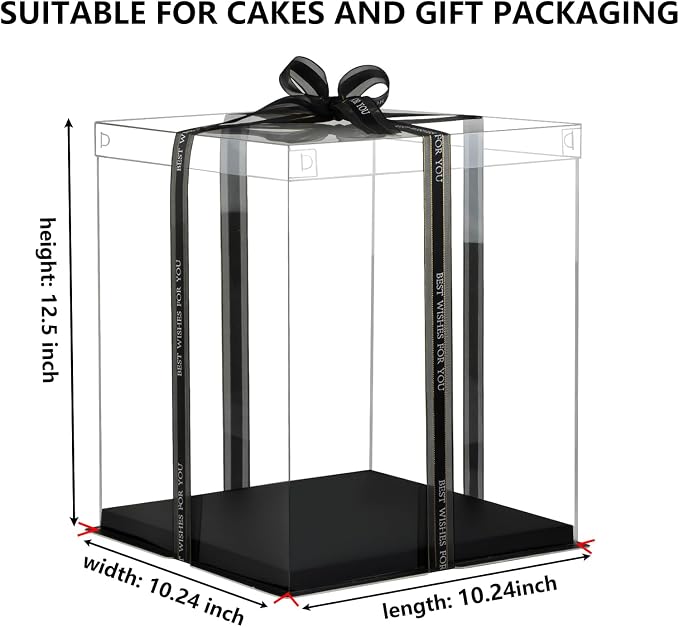 10x10x12 Inch Clear Cake Box 8Pcs - Tall Transport Container, Carrier, Treat Box, Gift Box, Display Case - Black