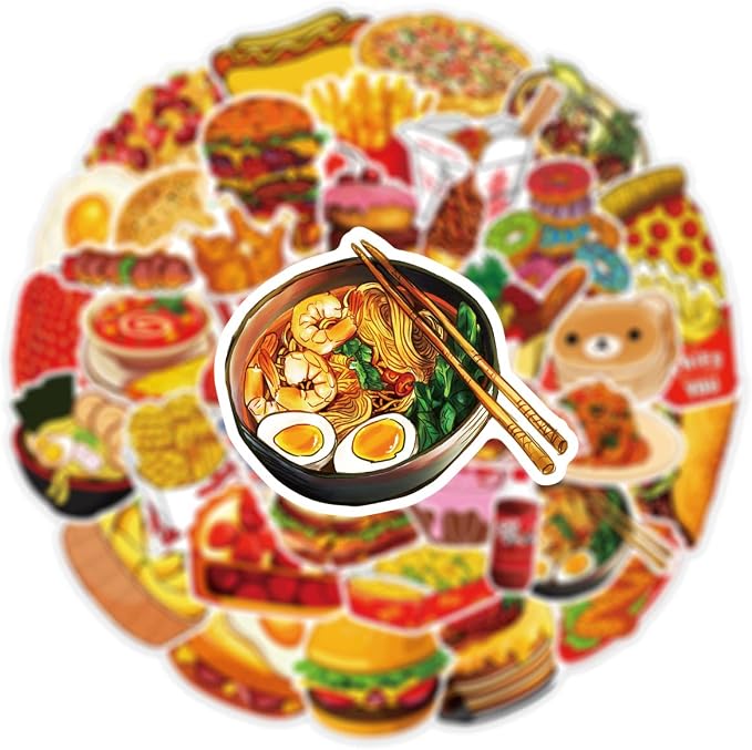 Cute Food Stickers 50PCS Fast Food Sticker Bag Waterproof Vinyl Aesthetic Decals for Scrapbook, Water Bottles, Laptops, Mobile, Skateboard, Guitar, Perfect for Kids Teens Girls