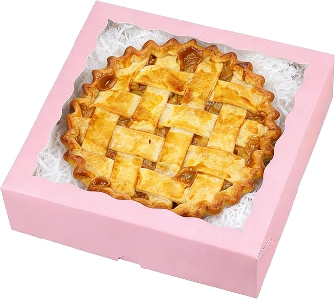 TEMLQPACK 50 Pack 9"x9"x2.5" Pie Boxes Pink Bakery Boxes with Window, Pie, Cookies, Chocolate Covered Strawberries, Breakable Heart, Charcuterie Boxes for Christmas