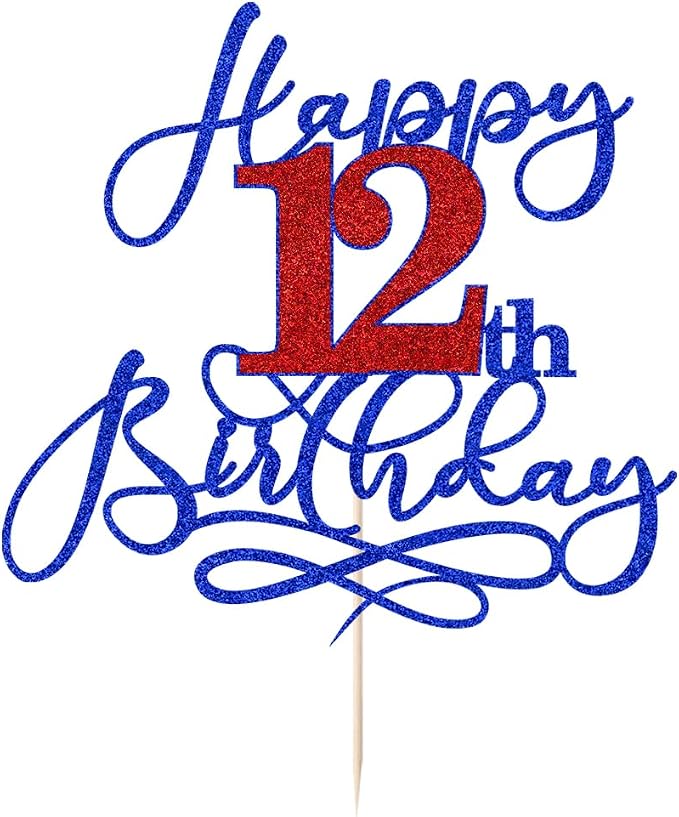 Happy 12th Birthday Cake Topper,Deep blue font red Numbers 12th Birthday Cake Decoration,Hello 12, Cheers to 12 Years/12th Anniversary,12& Fabulous Party Decoration