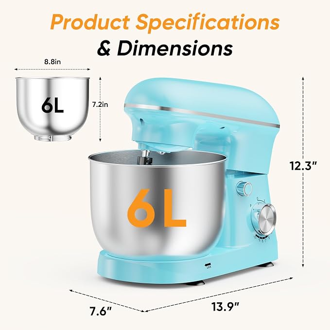 NEWBULIG Stand Mixer, Kitchen Aid Mixers Alternative, 300W 6.3Qt 10-Speed Electric Standing Mixer with Dough Hook, Whisk, Beater & Multi-Cover for Baking, Cakes and Home Cooking Needs