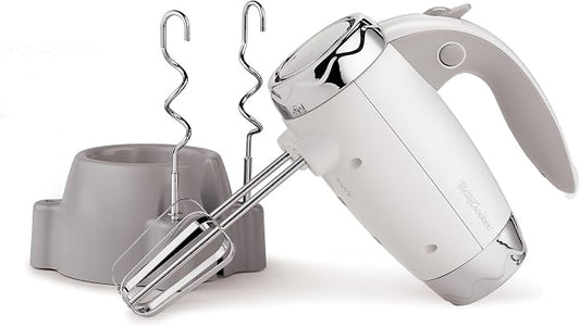 BETTY CROCKER Hand Blender 7 Speed, 250 Watt Electric Mixer with Beaters and Dough Hooks, Ergonomic Electric Hand Mixer for Home & Kitchen with Stand and Soft Touch Handle, White