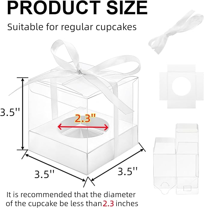 50 Pcs Clear Cupcake Box Individual, 3.5 Inch Plastic Single Cupcake Container, Cupcake Storage Holder Carrier with Ribbons Inserts, Ornament Candy Gift Box for Mother's Day Party Wedding Baby Shower