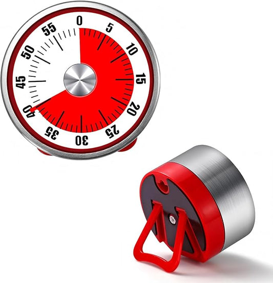 Mechanical Kitchen Timer, 60 Minute Wind Up Magnetic Visual Cooking Timer with Loud Alarm, Stainless Steel No Batteries Countdown Timer for Classroom, Office, Teacher (Red Timer with Bracket)