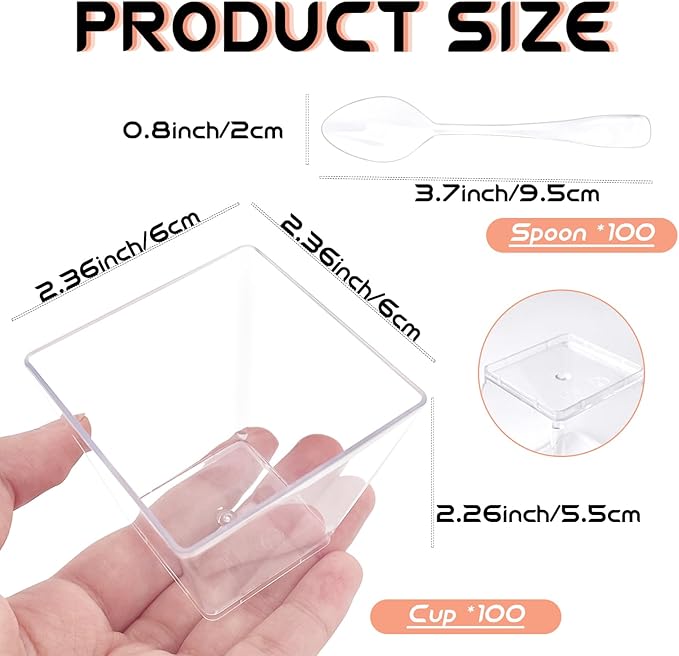 Jnnzzggu 100Pcs 3.5 oz Mini Dessert Cup with Spoons,Square Plastic Dessert Cups,Clear Parfait Appetizer Cup for Ice Cream,Birthday,Parties,Jellies,Nuts,DIY,Wedding