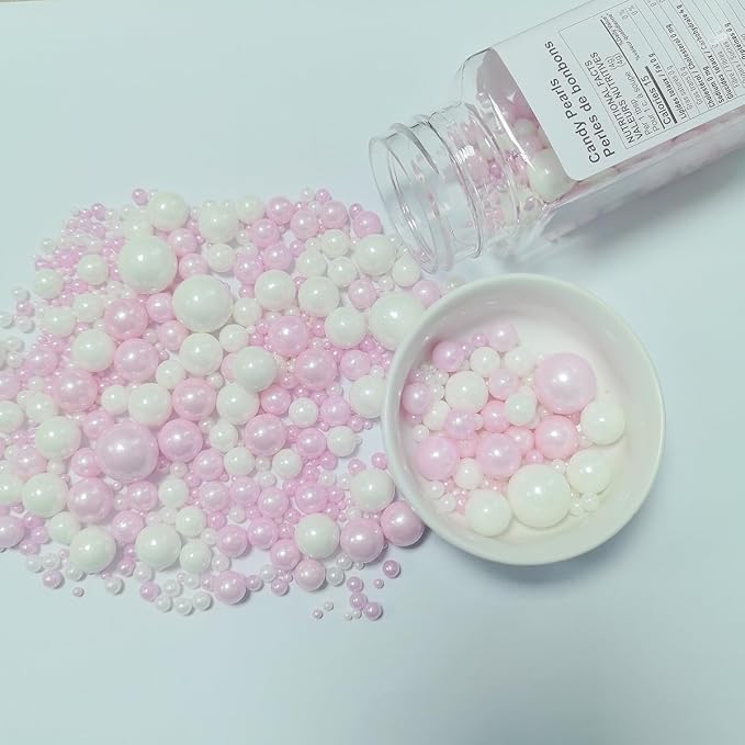 Edible Pink White Pearl Sprinkles for Cake Decorating, Edible White Pink Candy Mixing Size Baking Decorations Cake Cupcake Toppers Cookie Celebrations Wedding Valentines Baby Shower Birthday Supplies 120g/ 4.23oz