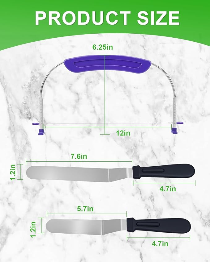 1PCS Purple Adjustable Food Grade Stainless Steel Cake Cutter Slicer Leveler with 2PCS Offset Spatula, Icing Spatulas, 6 and 8 inch, Professional Angled Cake Spatula for Kitchen or Bakery