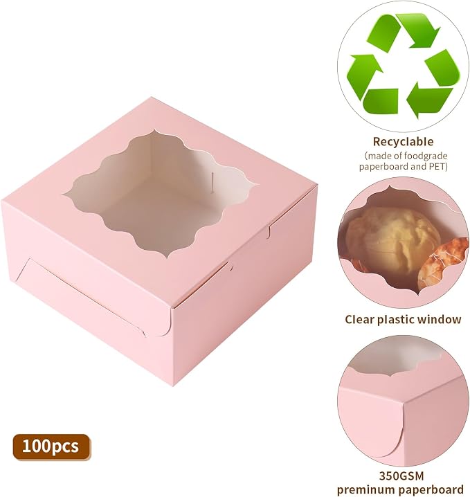 100 pcs 6x6x3 Inches Small Cake Box with Window, Bakery Pastry Cookie Boxes, Mini Pie container for Pastry,Dessert,Strawberries,Chocolates, Cupcakes with paper stickers (pink)